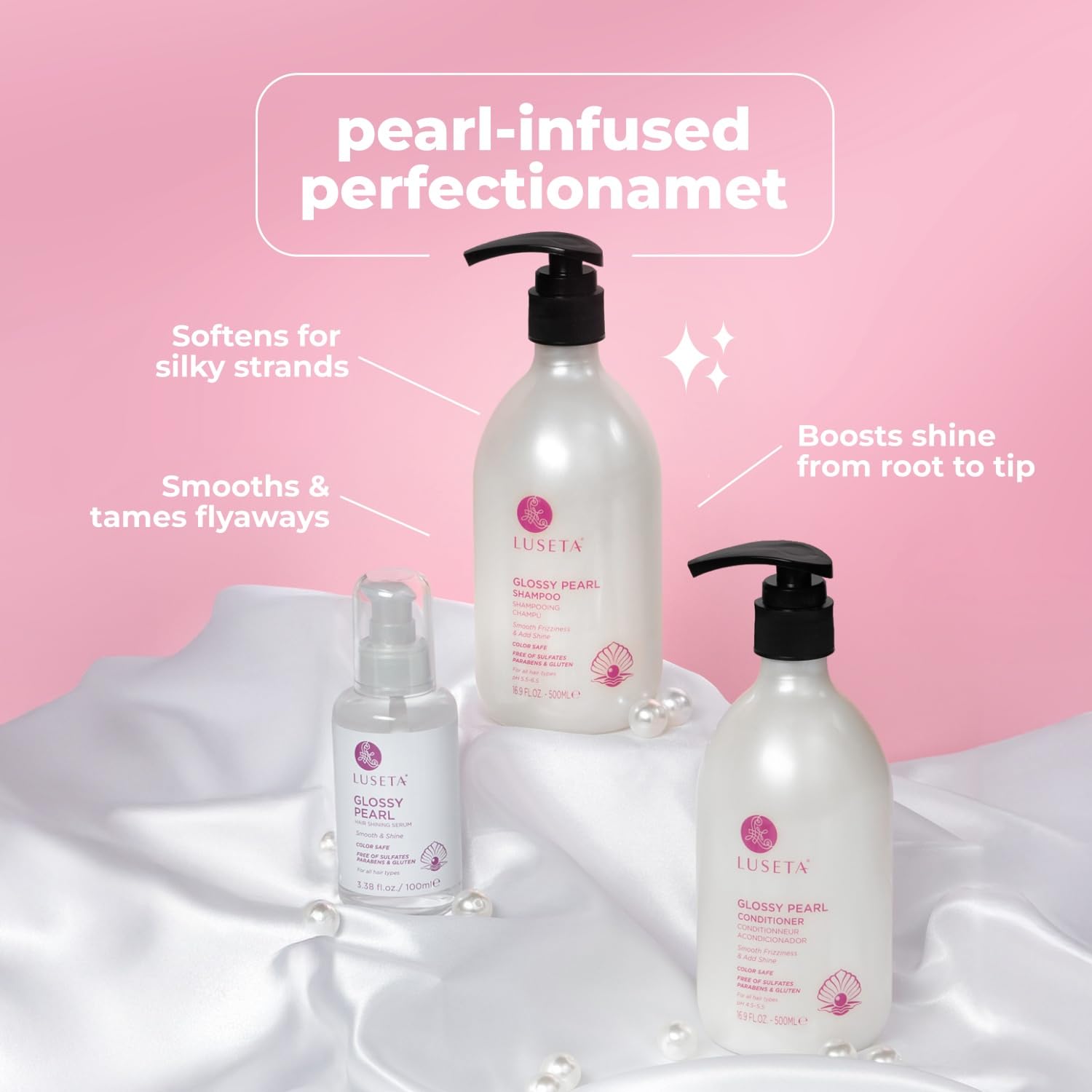 Luseta Glossy Pearl Trio – Smoothing & Hydrating Shampoo, Conditioner & Hair Serum