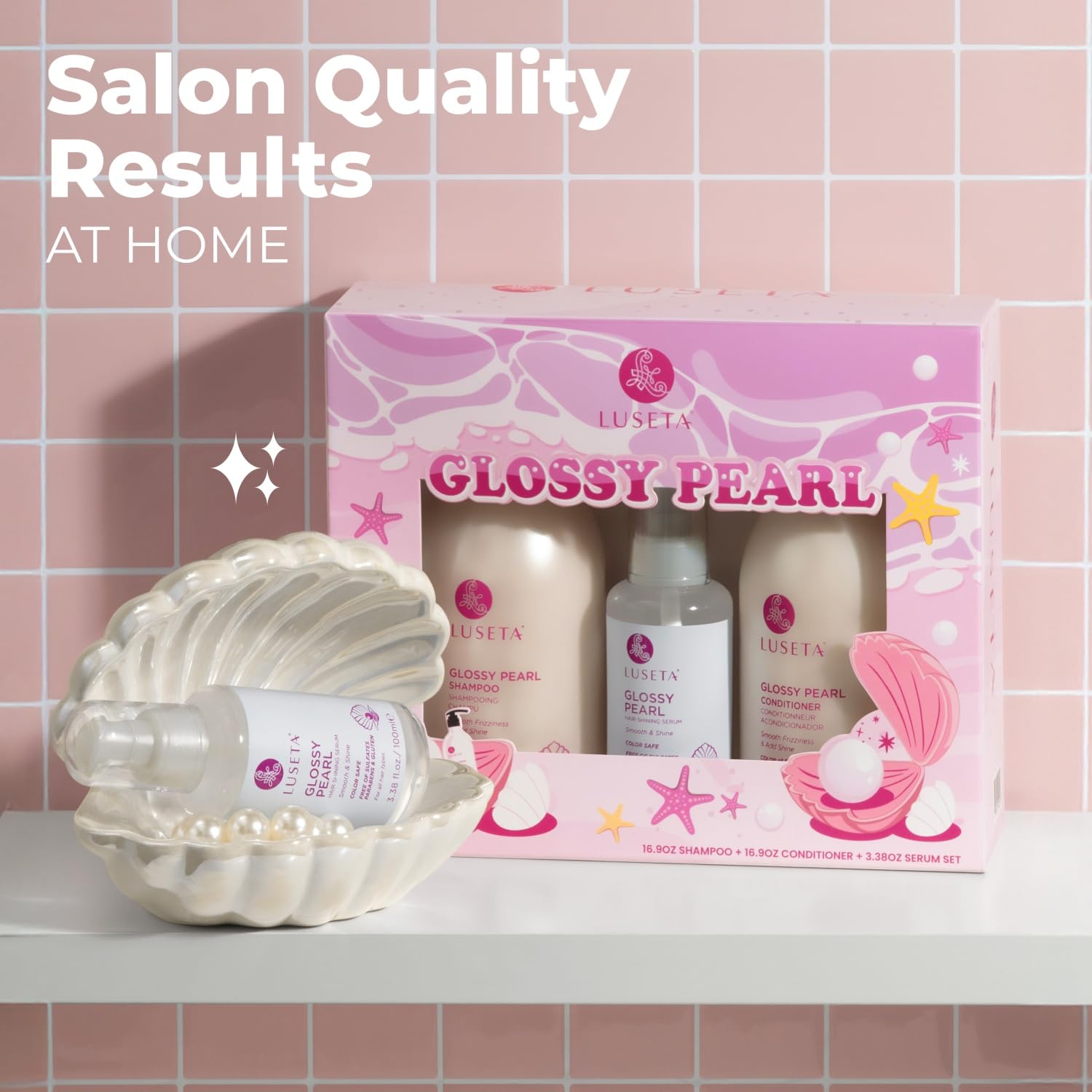 Luseta Glossy Pearl Trio – Smoothing & Hydrating Shampoo, Conditioner & Hair Serum