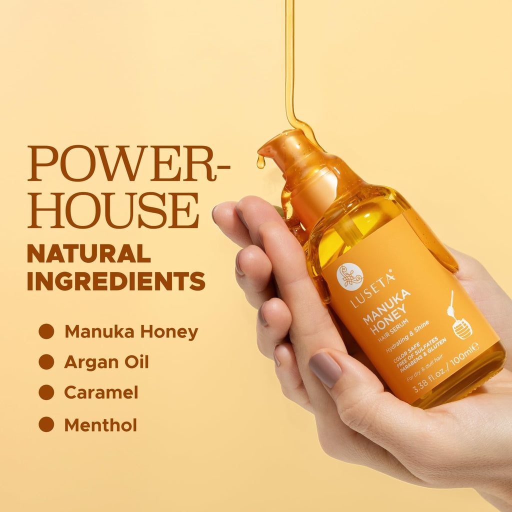 Luseta Manuka Honey Hair Oil – Hydrates Dry Hair, Adds Shine & Softness | Frizz Control, 3.38 oz