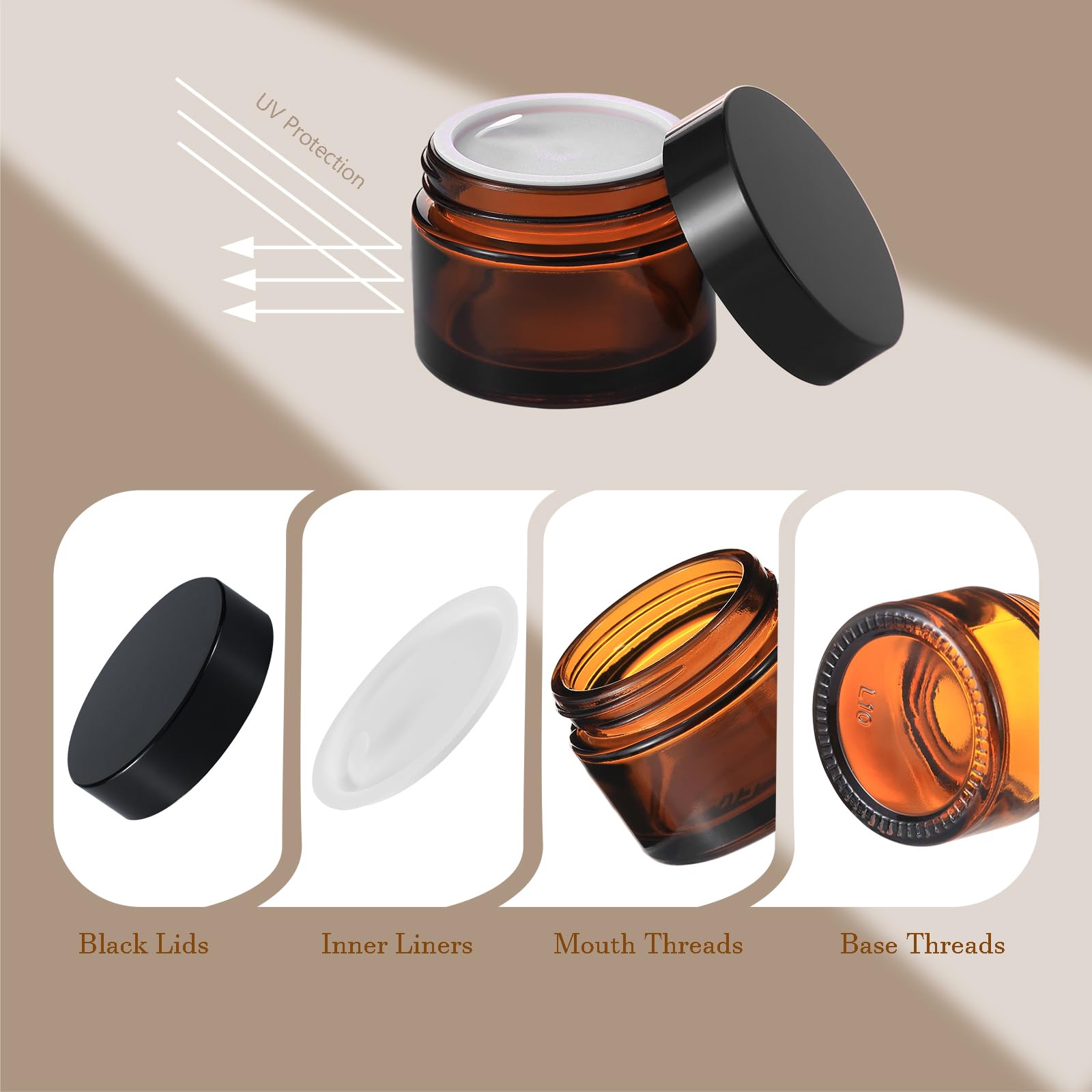 Lustervial 4oz Amber Glass Jars with Lids Black Label – 16 Pack Travel Cosmetic Containers