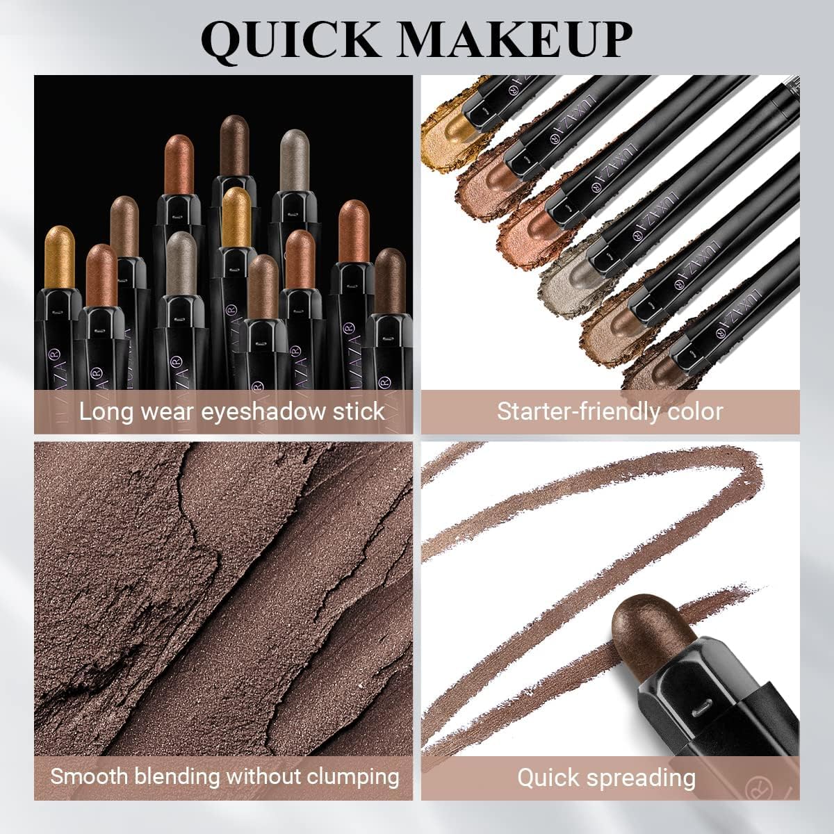 LUXAZA 6PCS Eyeshadow Stick Set – Brown & Grey Metallic & Matte Pencils, Waterproof & Long-Lasting