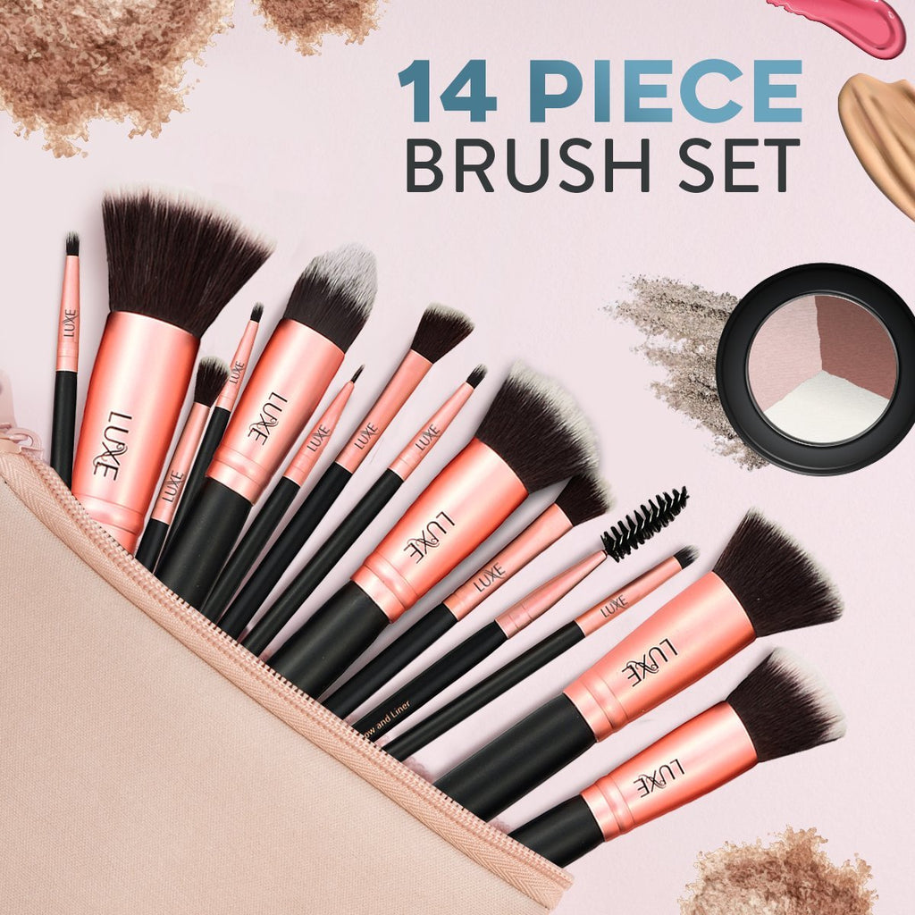 Luxe Premium Makeup Brushes Set (14pc) – Synthetic Face & Eye Brushes + Cleaning Solution