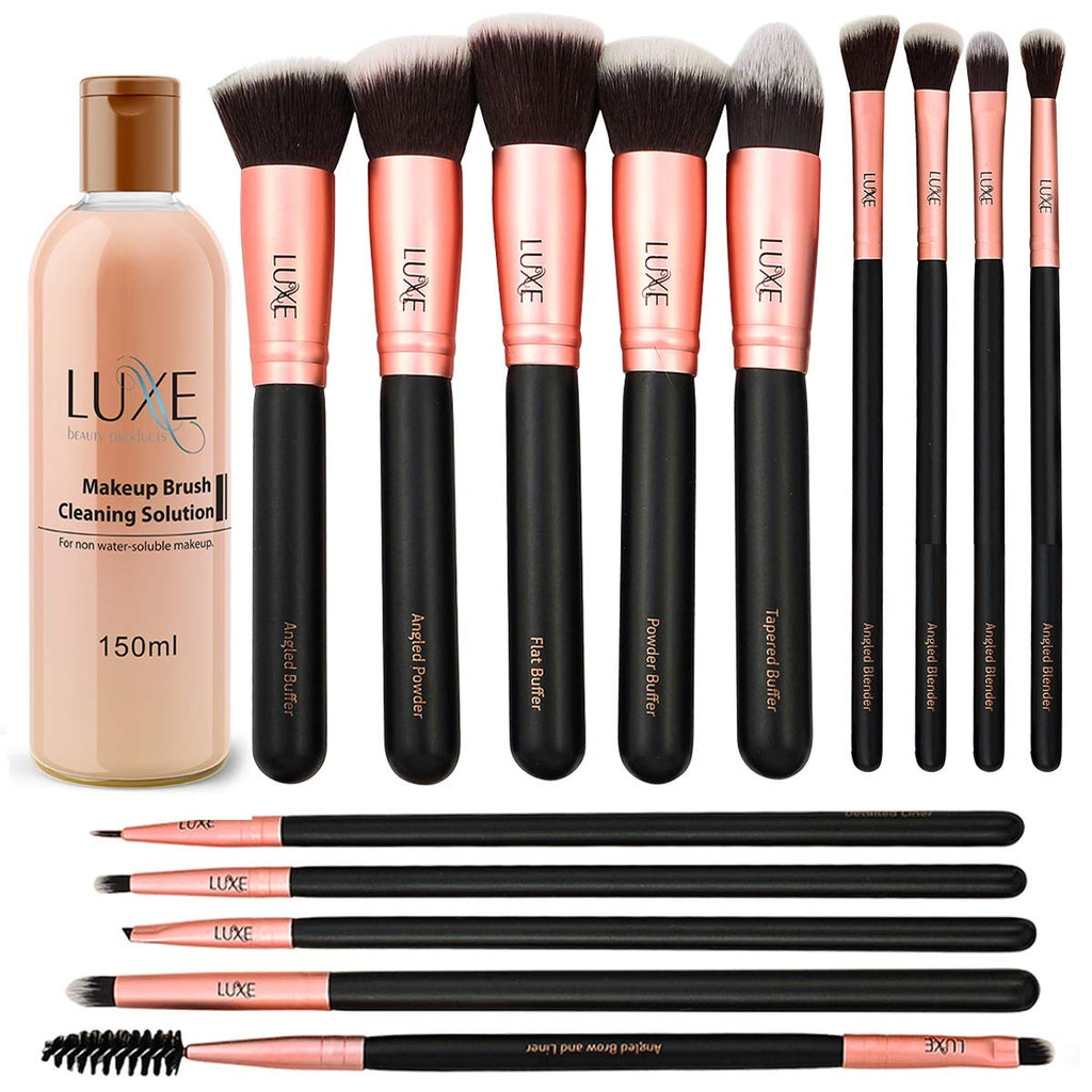Luxe Premium Makeup Brushes Set (14pc) – Synthetic Face & Eye Brushes + Cleaning Solution