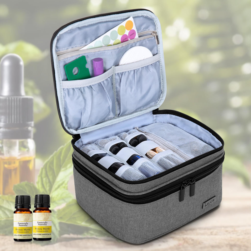 LUXJA Essential Oil Carrying Case — Holds 30 Bottles (5–30ml) | Double-Layer Organizer, Gray