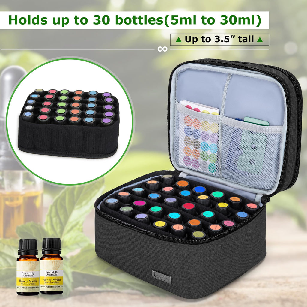 LUXJA Essential Oil Carrying Case - Holds 30 Bottles (5ml-30ml), Double-Layer Organizer, Black (Bag Only)