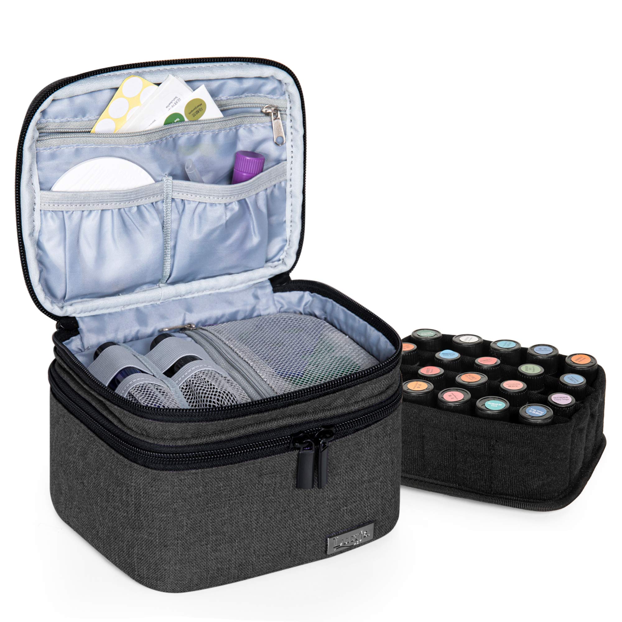 LUXJA Essential Oils Bag - Holds 20 Bottles (5–30 ml), Fits Rollers | Double-Layer Organizer | Black