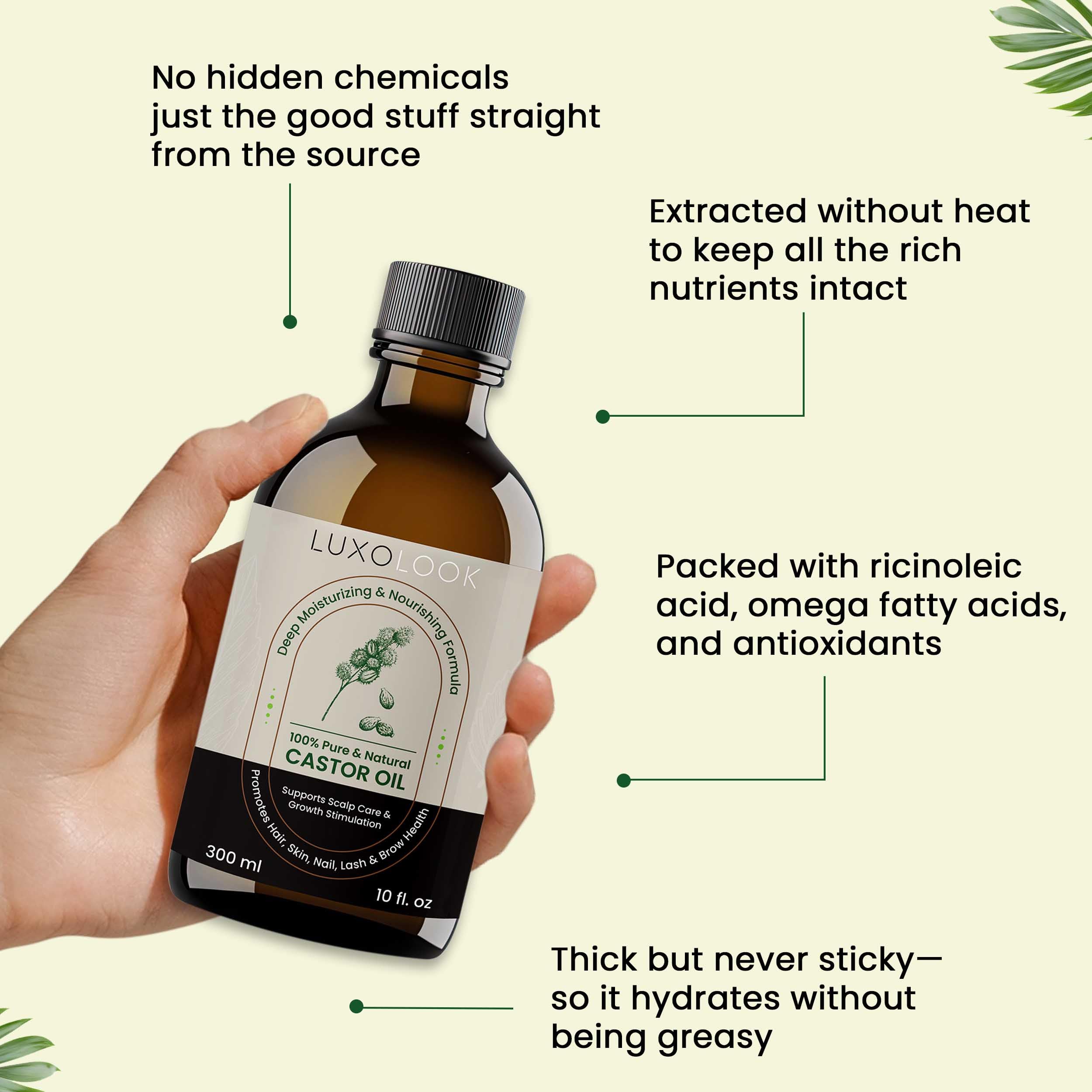 LuxoLook Pure Castor Oil – Cold-Pressed, Hexane-Free 100% Castor Oil for Hair, Skin, Lashes, Brows & Nails | Includes Dropper, Mascara Wand & Scalp Massager