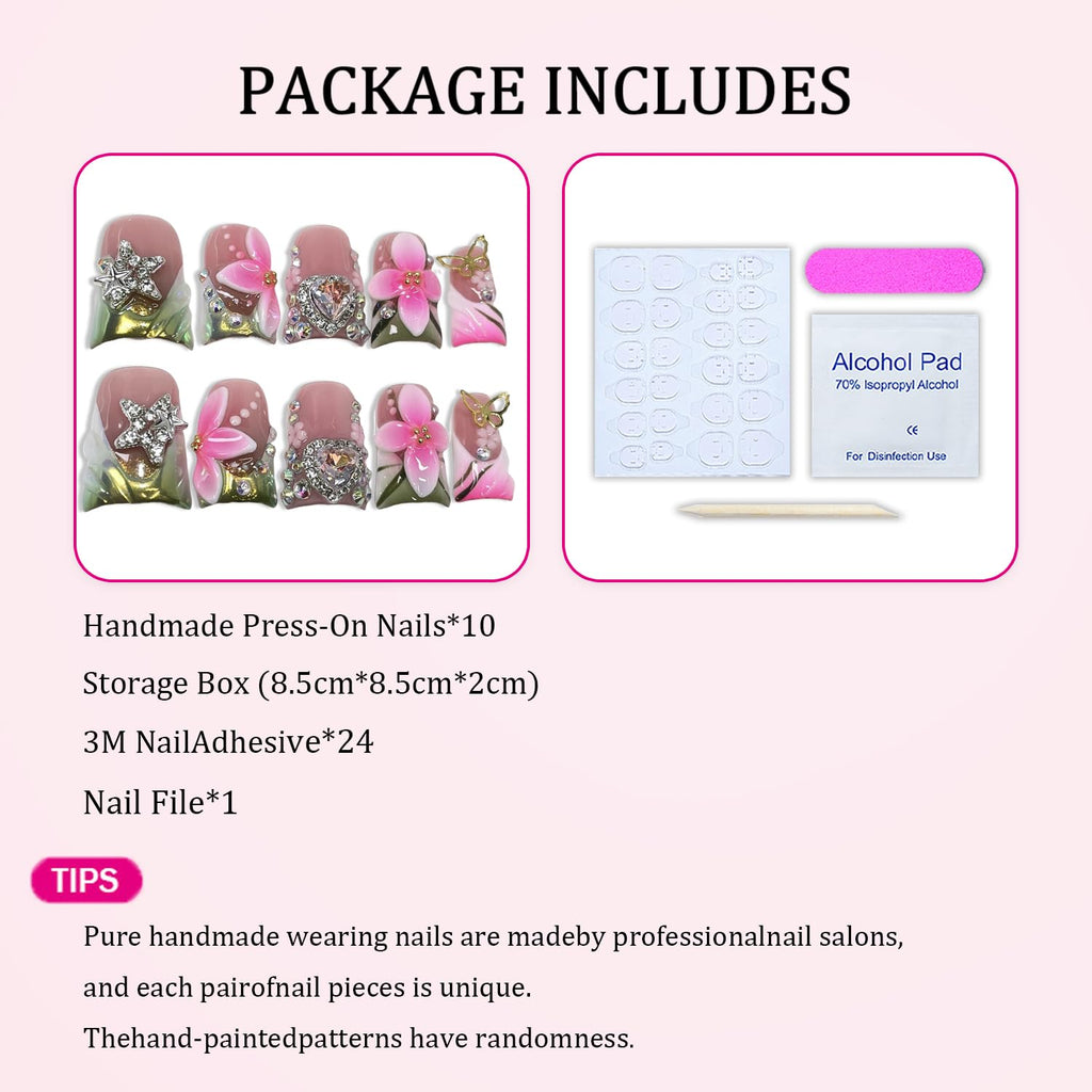 Luxury Duck Handmade Press-On Nails – Pink White Flower & Rhinestone Heart, Green French Tip (S)