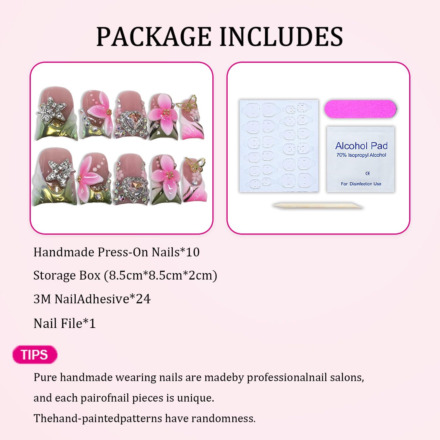 Luxury Duck Handmade Press-On Nails – Pink White Flower & Rhinestone Heart, Green French Tip (S)