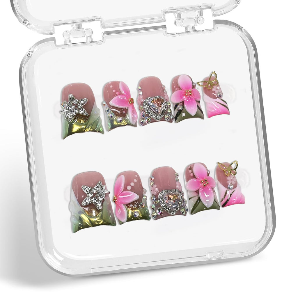 Luxury Duck Handmade Press-On Nails – Pink White Flower & Rhinestone Heart, Green French Tip (S)