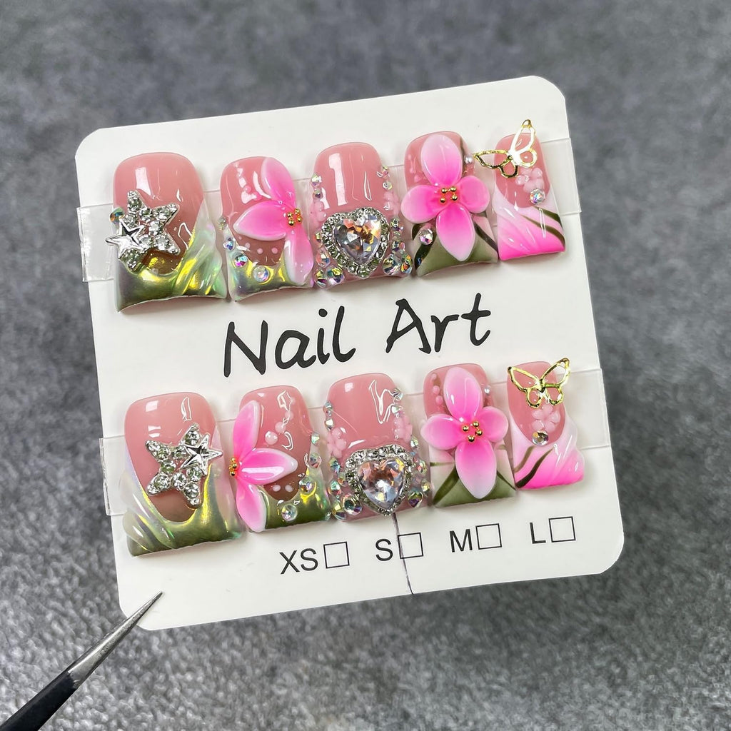 Luxury Duck Handmade Press-On Nails – Pink White Flower & Rhinestone Heart, Green French Tip (S)