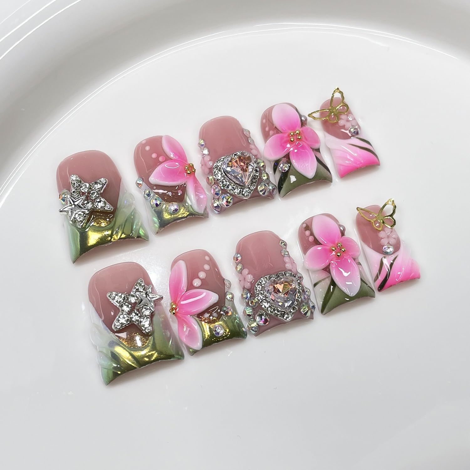 Luxury Duck Handmade Press-On Nails – Pink White Flower & Rhinestone Heart, Green French Tip (S)