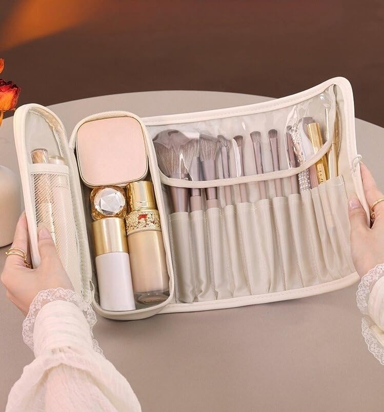 Luxury Leather Makeup Brush Case – Professional Roll-Up Organizer for Travel & Home (White)