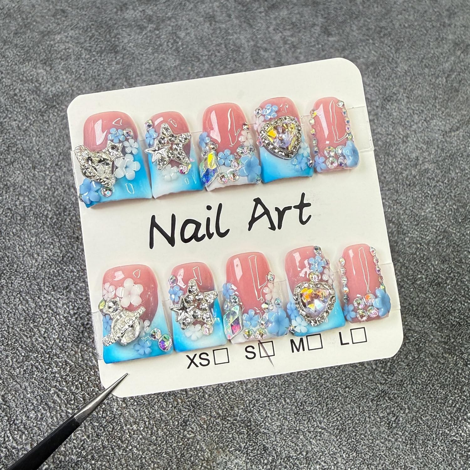 Luxury Handmade Press On Nails – Short Duck, Blue White Gradient, 3D Rhinestones & Floral French Tip (S)