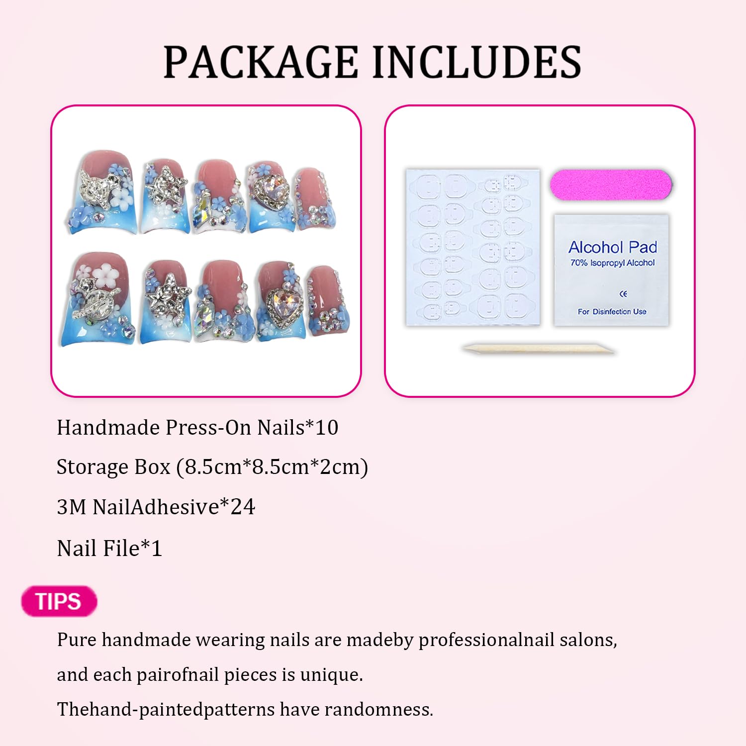 Luxury Handmade Press On Nails – Short Duck, Blue White Gradient, 3D Rhinestones & Floral French Tip (S)