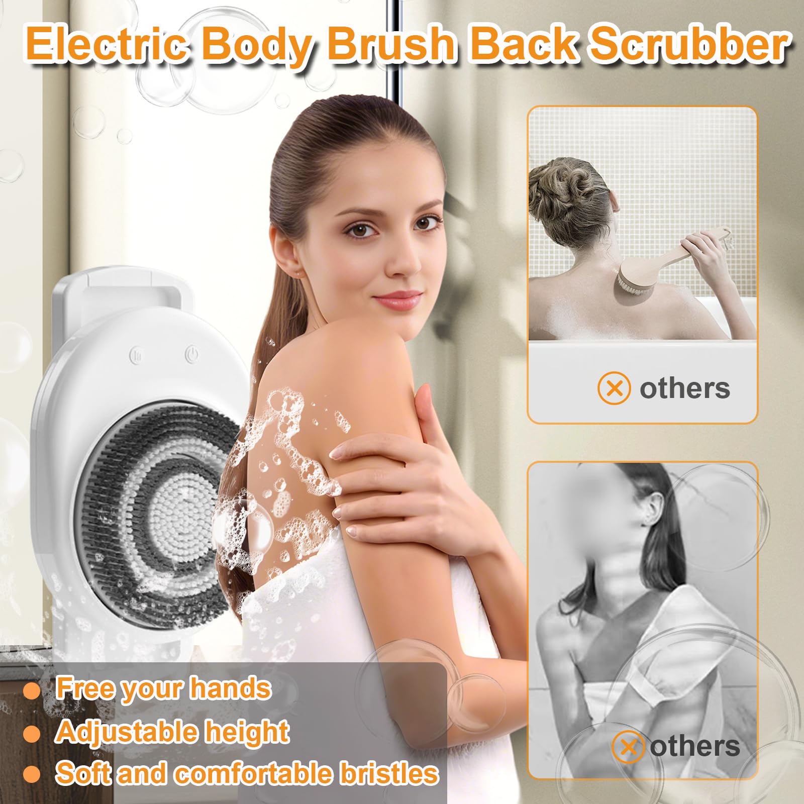 Lvrunben Electric Body Brush – Wall-Mmounted Back Scrubber with 3 Spin Heads, IPX7 Waterproof (8.5x13.6in)