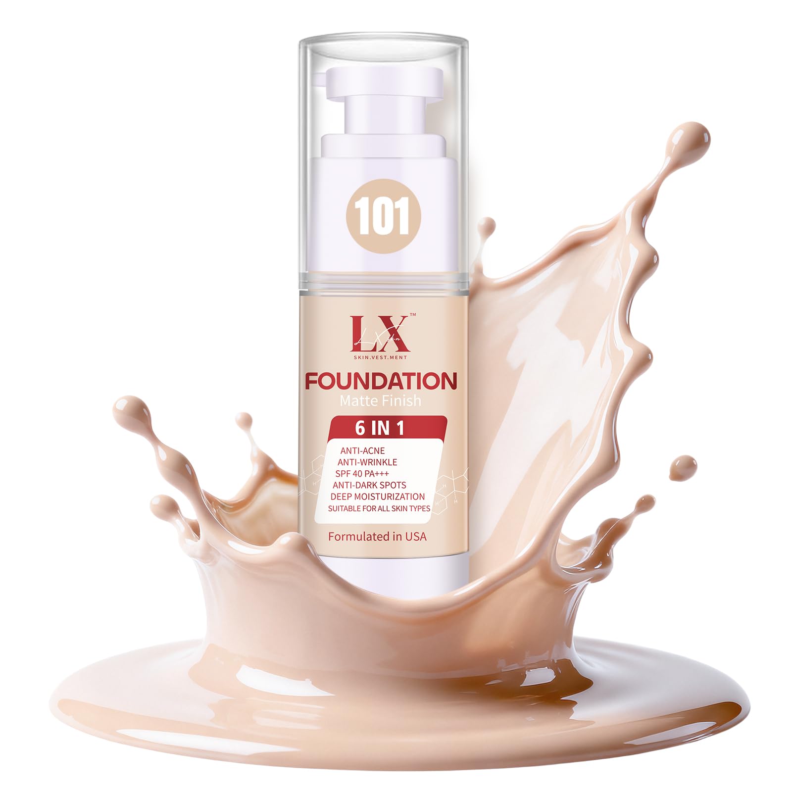 LXSKN 6-in-1 Matte Foundation with 1% Hyaluronic Acid — Poreless Glow, 12 Shades (101 Light)
