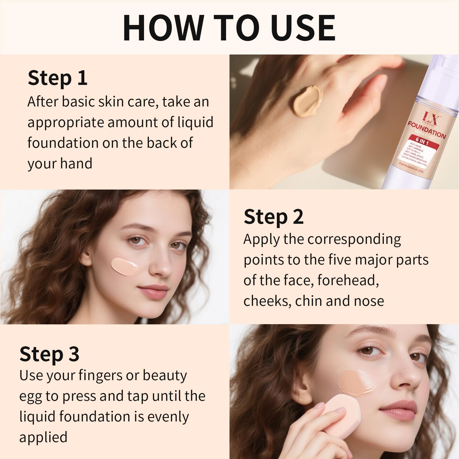 LXSKN 6-in-1 Matte Foundation with 1% Hyaluronic Acid — Poreless Glow, 12 Shades (101 Light)