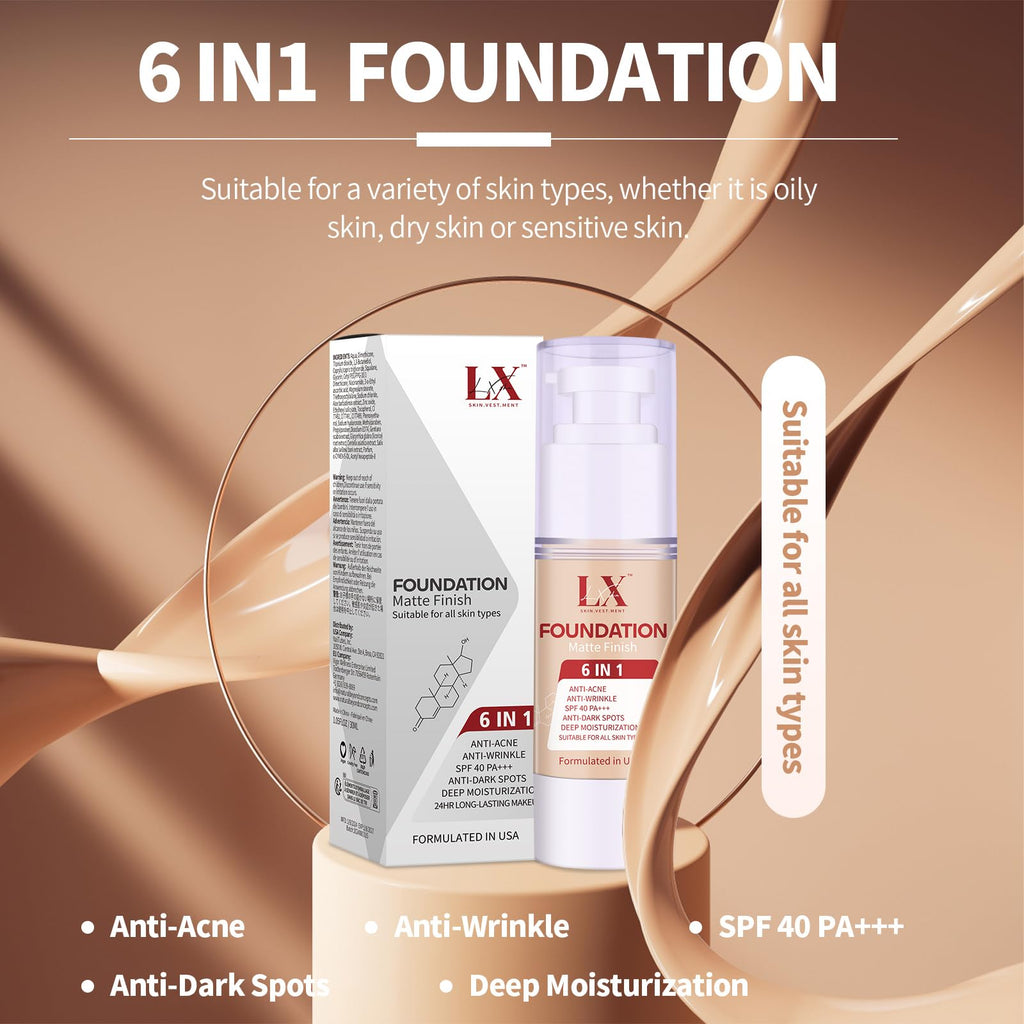 LXSKN 6-in-1 Matte Foundation with 1% Hyaluronic Acid – Shade 108 Light | All Skin Types