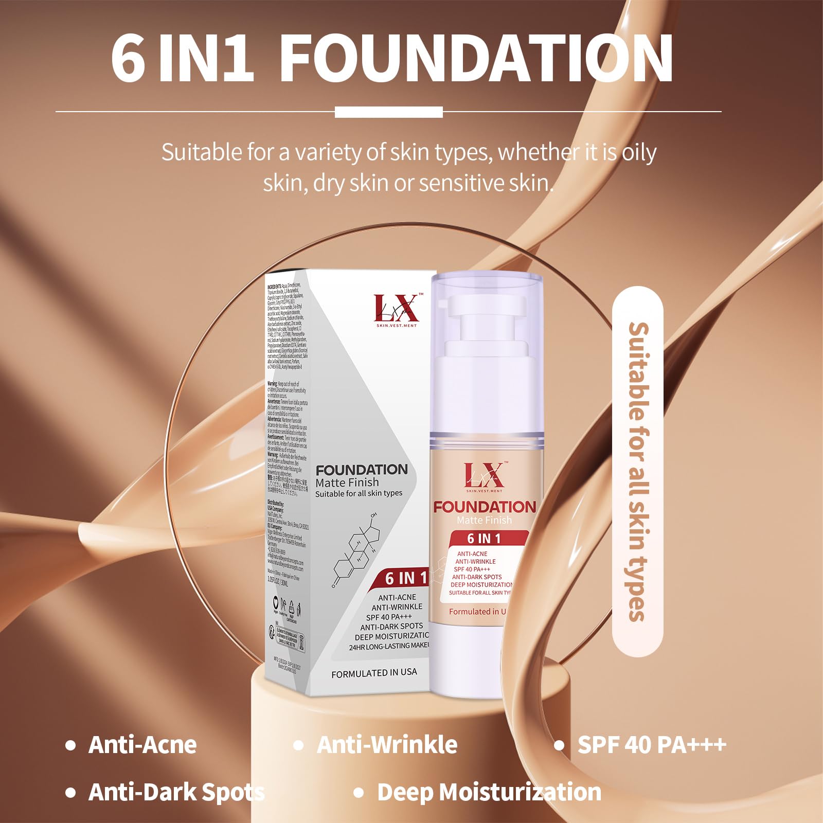 LXSKN 6-in-1 Matte Foundation with 1% Hyaluronic Acid – Shade 108 Light | All Skin Types