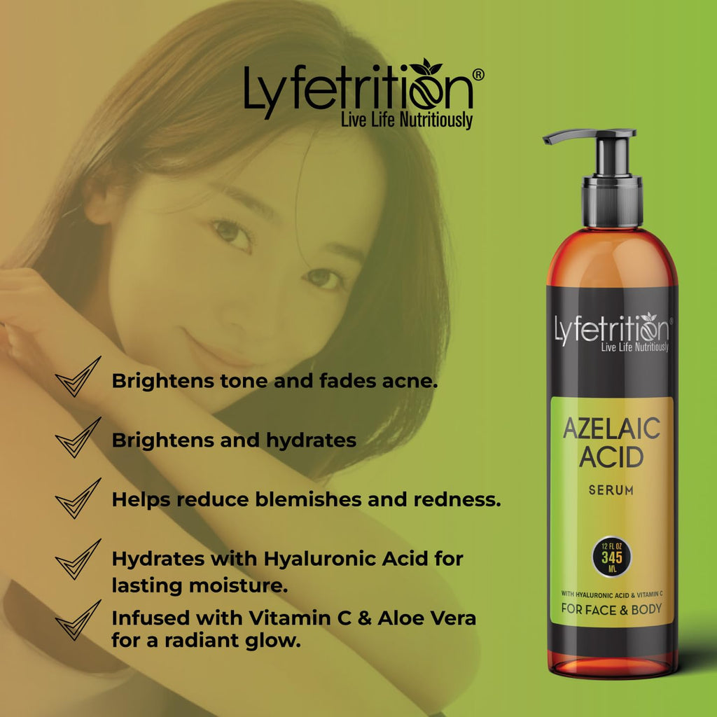 Lyfetrition Azelaic Acid Serum with Hyaluronic Acid | Vitamin C & Aloe Vera (12 oz) | Clear Skin