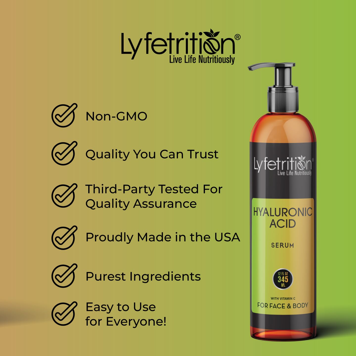 Lyfetrition Hyaluronic Acid Serum with Vitamin C & Aloe – 12 oz