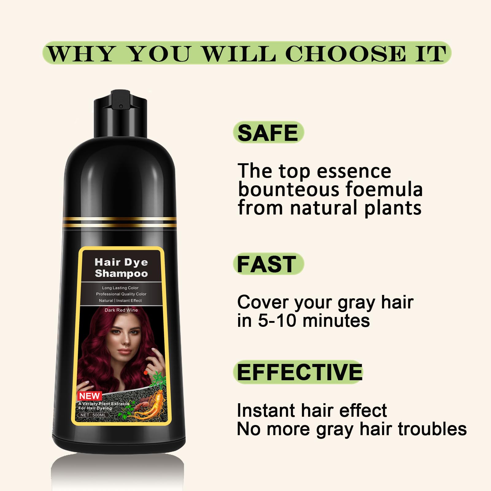 lymznus Instant Dark Wine Red Hair Dye Shampoo 3 in 1 for Gray Hair – At-Home Color, 17.6 fl oz
