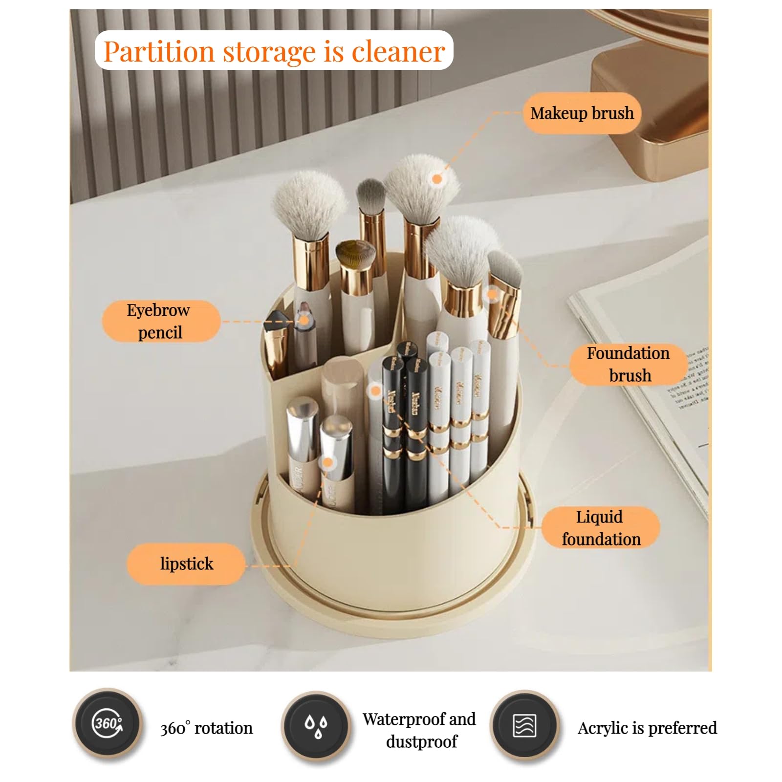 Lyoveu B-H1 Makeup Brush Holder with Dustproof Cover - 360° Rotating Organizer (Gray)