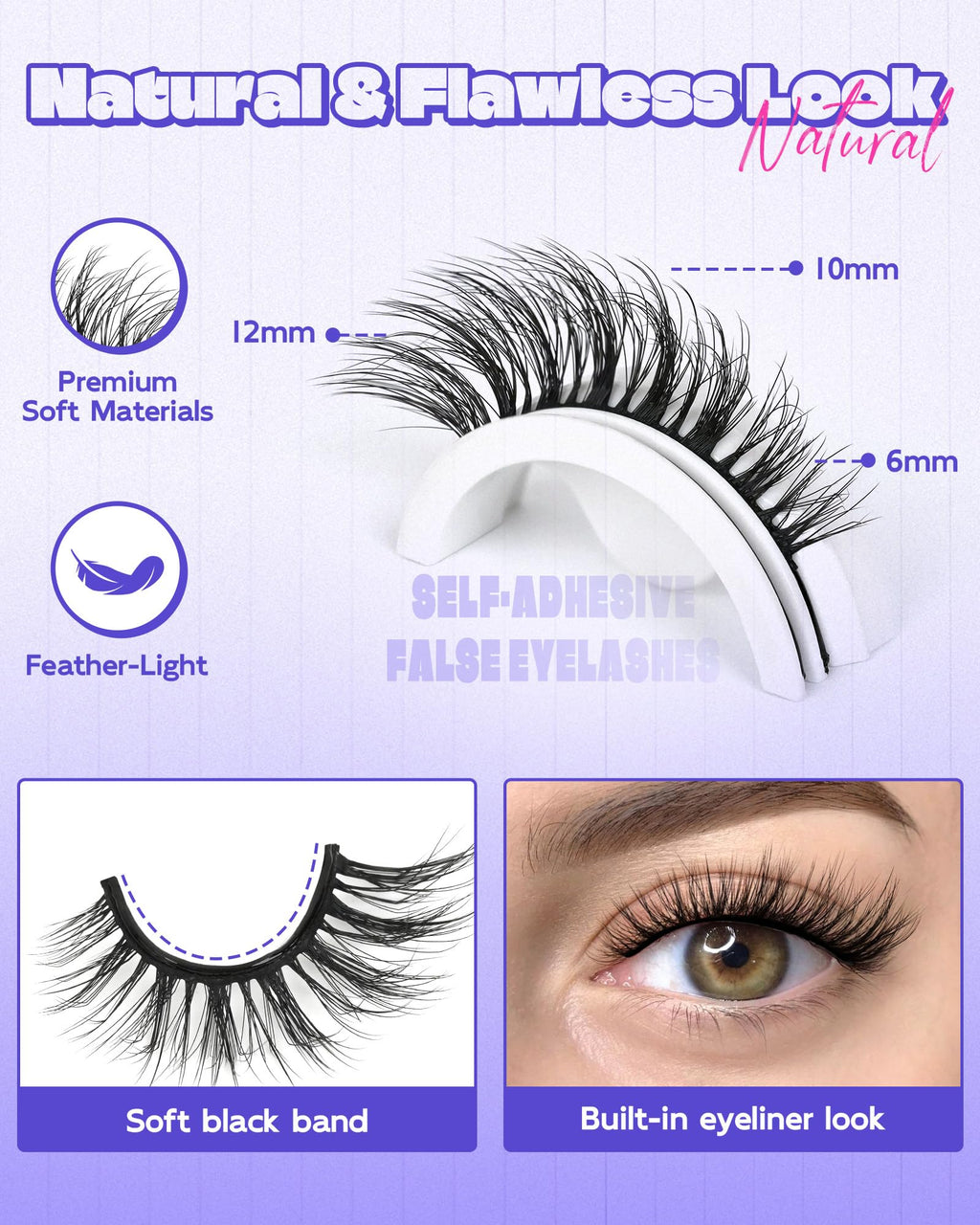 LZM Self-Adhesive Eyelashes Glueless — Natural 6-12mm, Waterproof All-Day Cat Eye Lashes with Tweezer