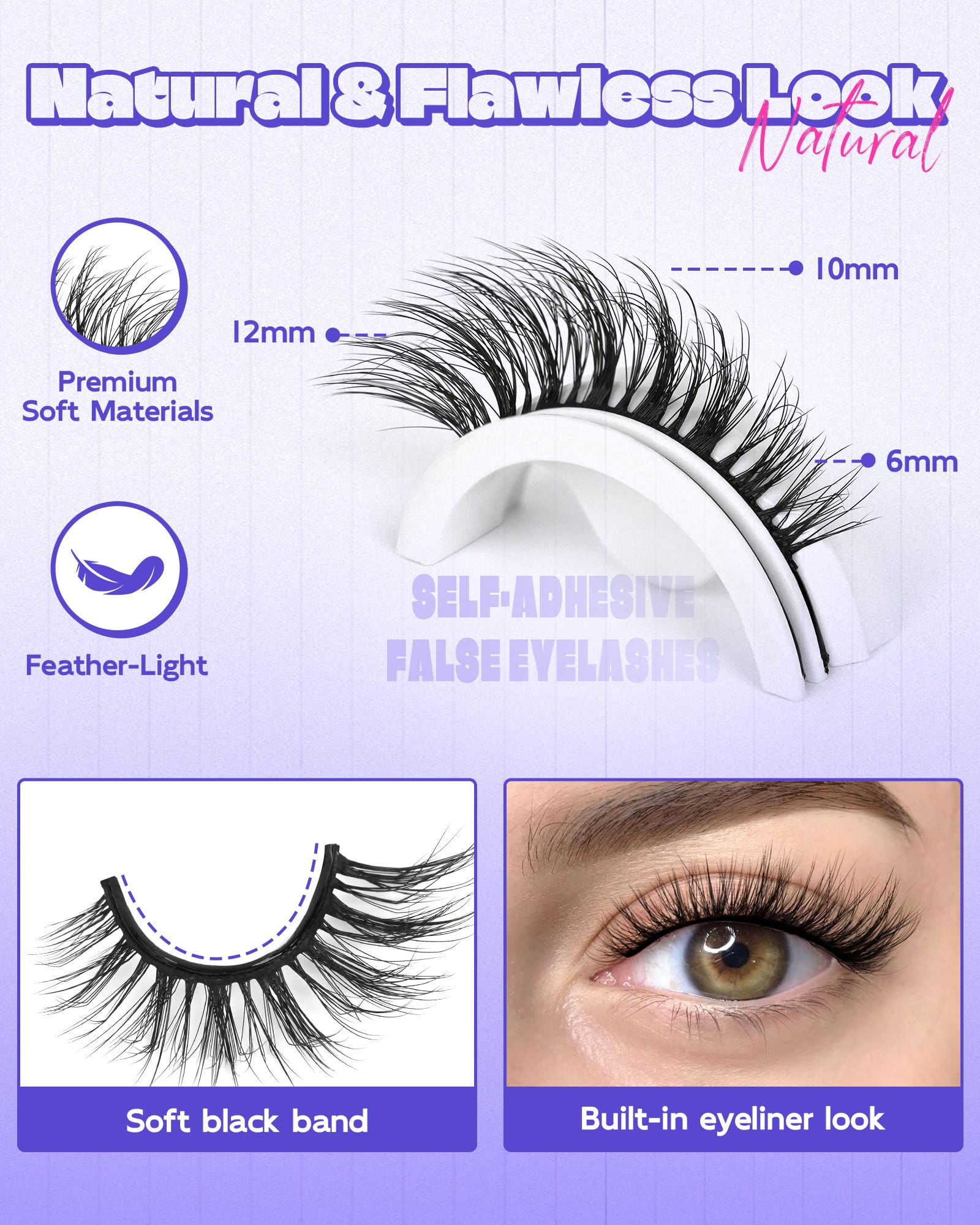 LZM Self-Adhesive Eyelashes Glueless — Natural 6-12mm, Waterproof All-Day Cat Eye Lashes with Tweezer