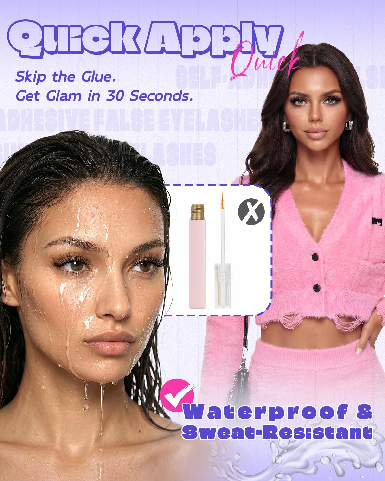 LZM Self-Adhesive Eyelashes Glueless — Natural 6-12mm, Waterproof All-Day Cat Eye Lashes with Tweezer