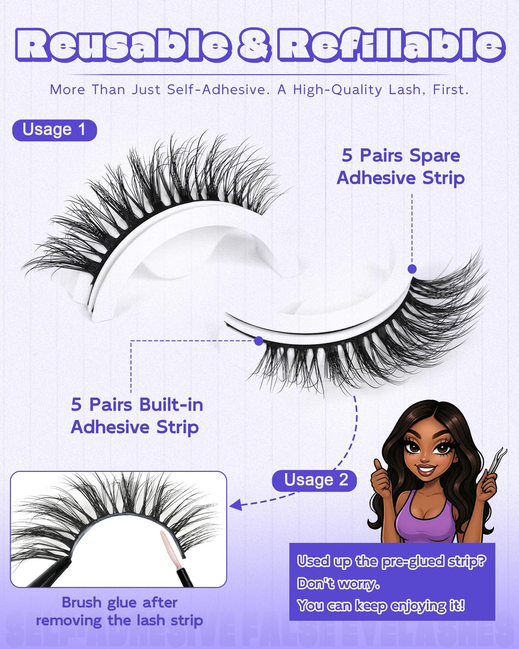 LZM Self-Adhesive Eyelashes Glueless — Natural 6-12mm, Waterproof All-Day Cat Eye Lashes with Tweezer