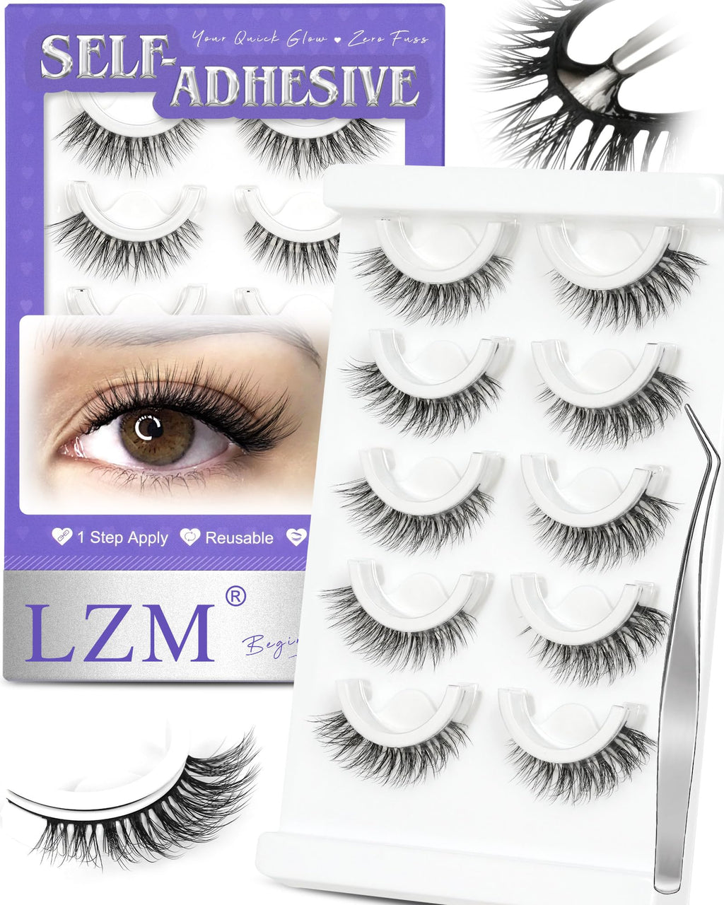 LZM Self-Adhesive Eyelashes Glueless — Natural 6-12mm, Waterproof All-Day Cat Eye Lashes with Tweezer
