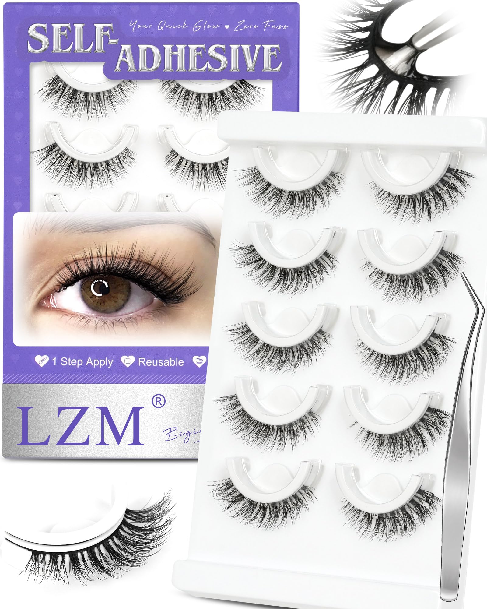 LZM Self-Adhesive Eyelashes Glueless — Natural 6-12mm, Waterproof All-Day Cat Eye Lashes with Tweezer