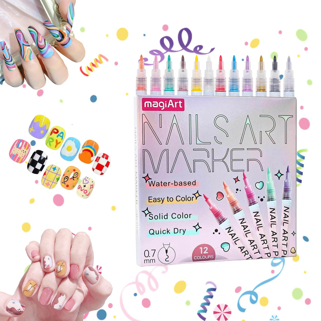 LZUPIKC 12-Color Nail Art Pen Set – 0.7mm Fine Tip, 3D Quick-Dry Nail Polish Pens for DIY Nails