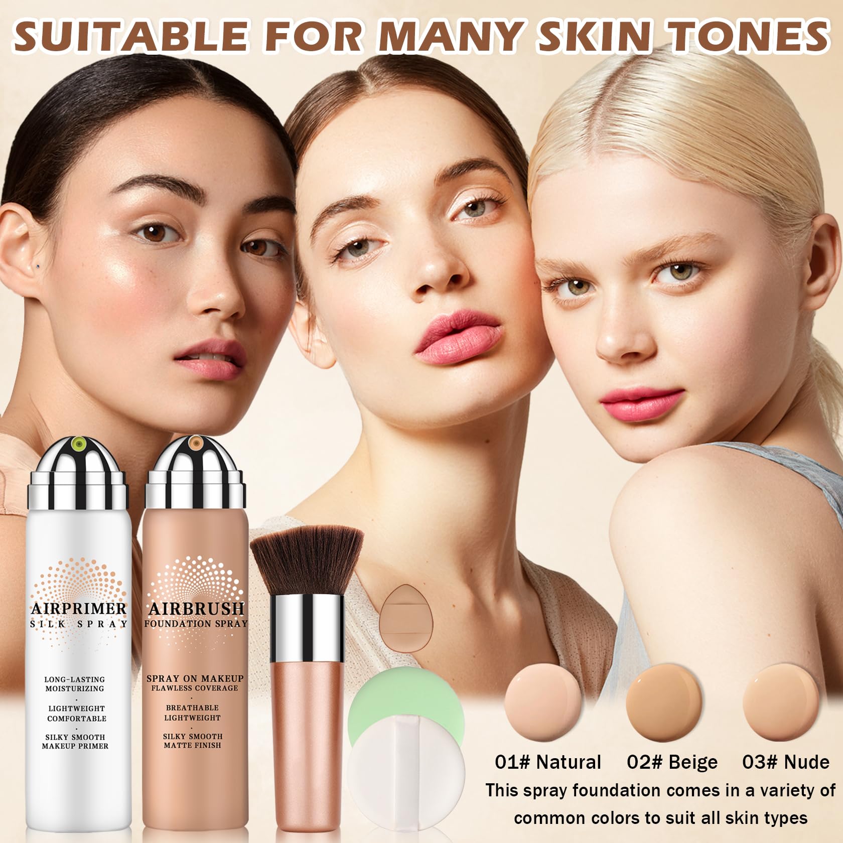 LZXLUKGIR Magic Minerals Airbrush Foundation & Moisturizing Primer – Full Coverage for Mature Skin (Beige 02)