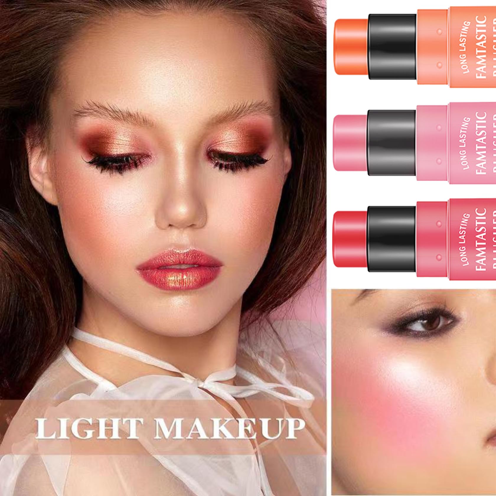 LZYLLS 3 Pcs Cream Blush Stick with Brush – Waterproof 2-in-1 Makeup for Cheeks, Lips & Eyes