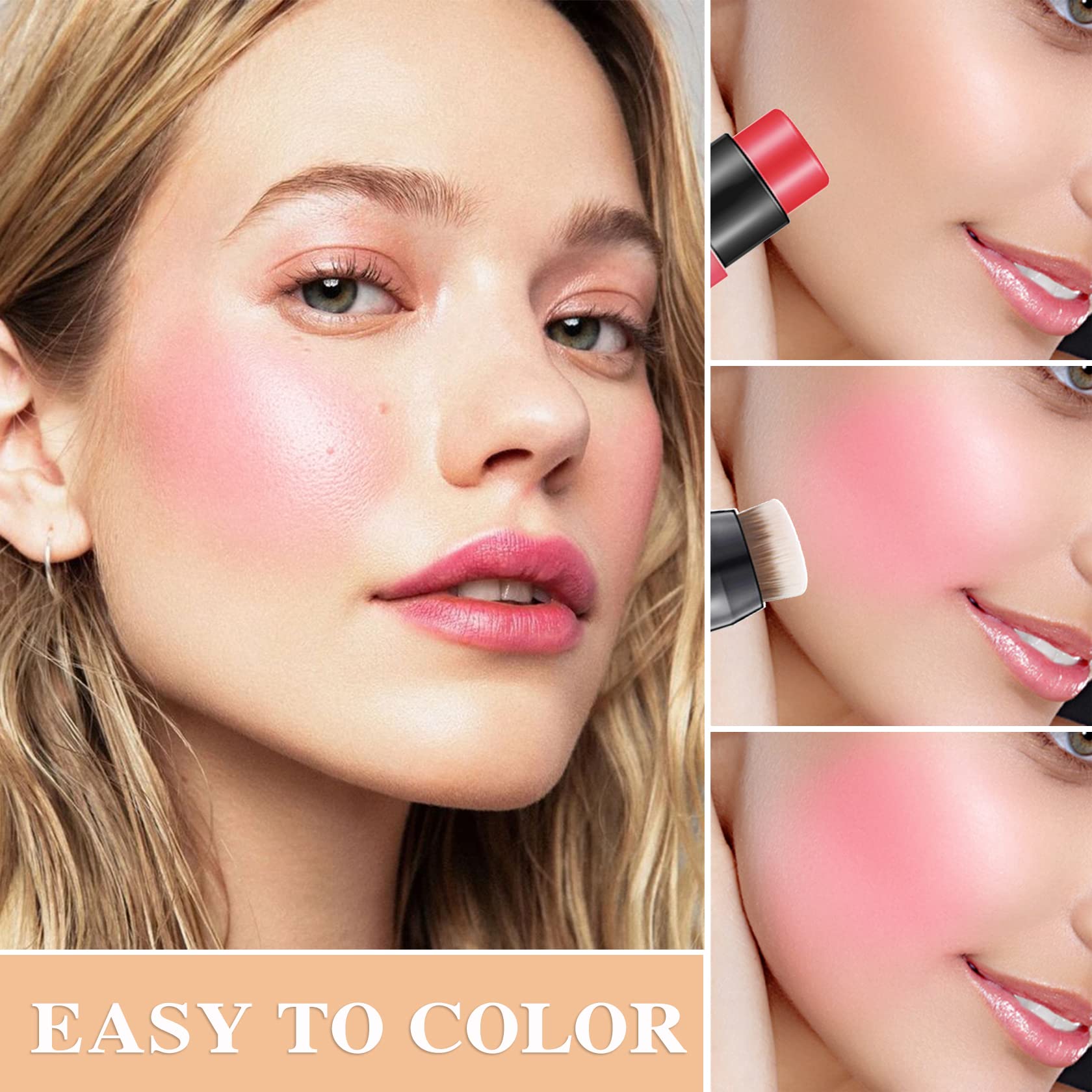 LZYLLS 3 Pcs Cream Blush Stick with Brush – Waterproof 2-in-1 Makeup for Cheeks, Lips & Eyes