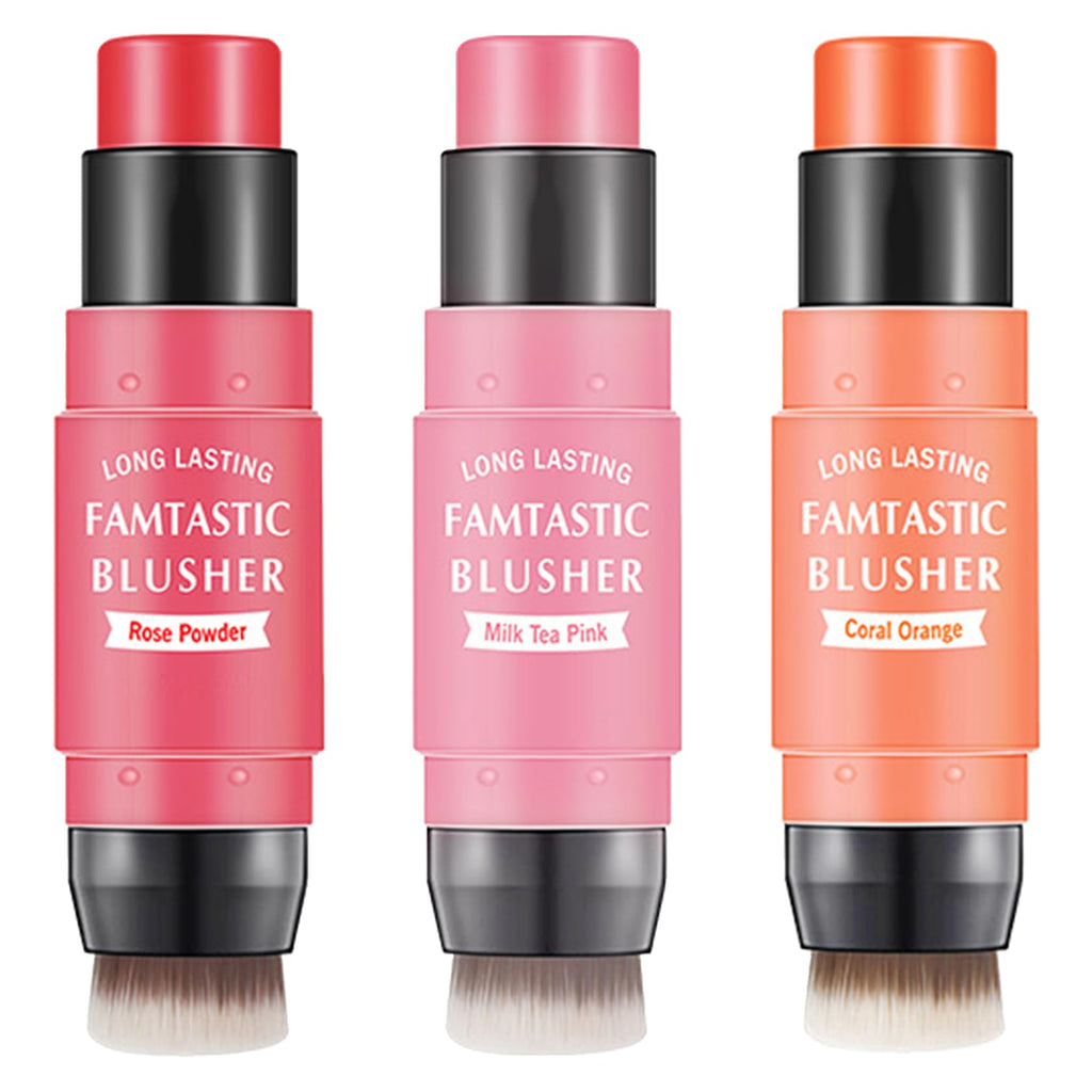 LZYLLS 3 Pcs Cream Blush Stick with Brush – Waterproof 2-in-1 Makeup for Cheeks, Lips & Eyes