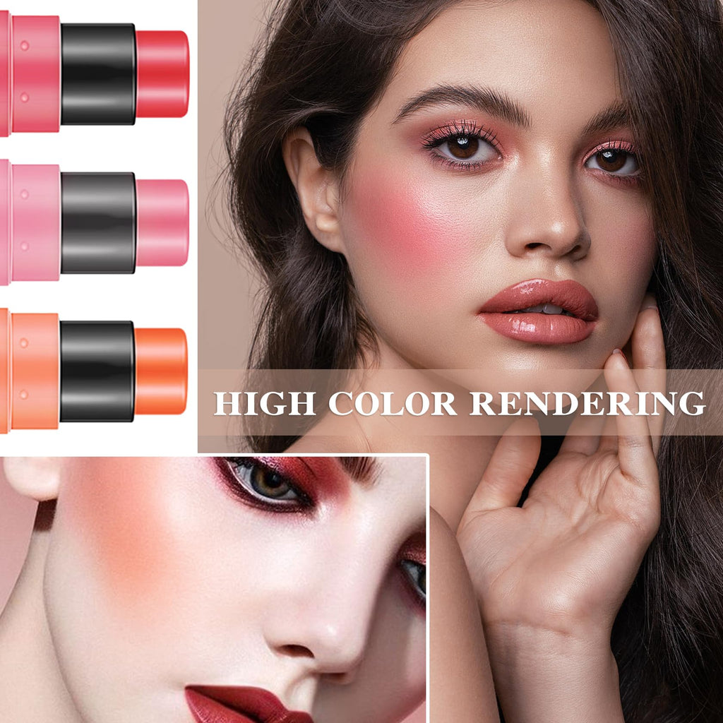 LZYLLS 3 Pcs Cream Blush Stick with Brush – Waterproof 2-in-1 Makeup for Cheeks, Lips & Eyes