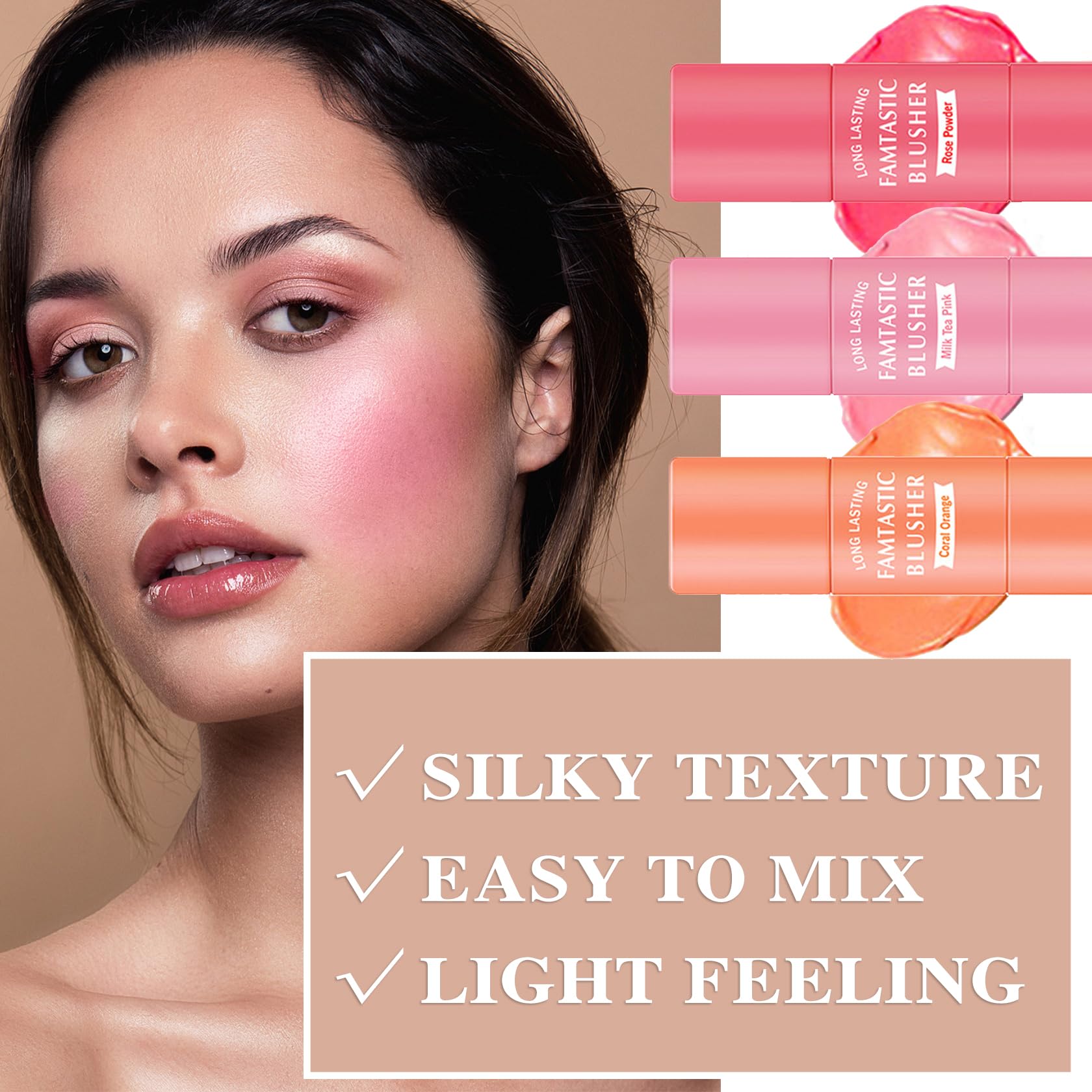 LZYLLS 3 Pcs Cream Blush Stick with Brush – Waterproof 2-in-1 Makeup for Cheeks, Lips & Eyes