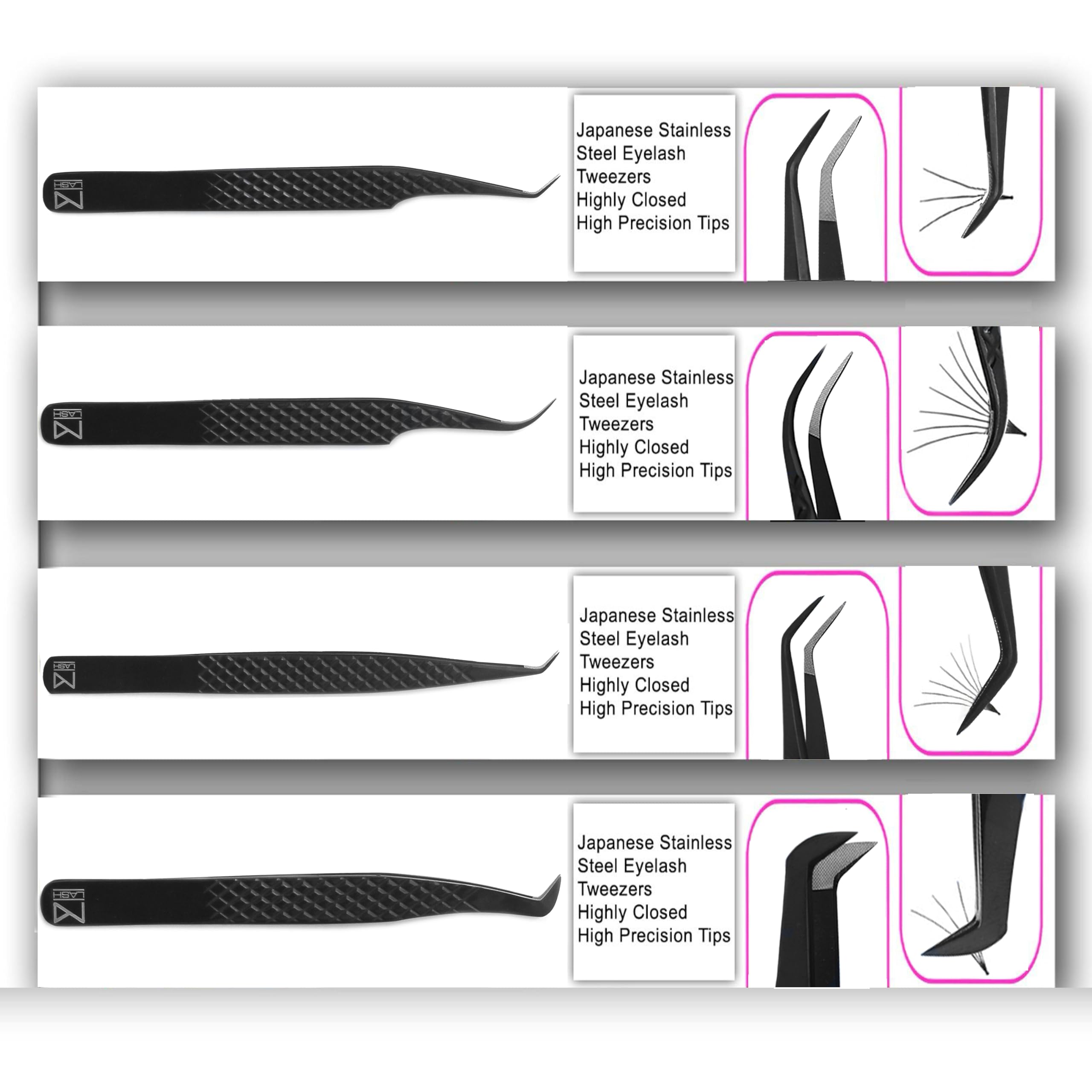 M LASH Tweezers for Eyelash Extensions – 4-Piece Set with Fiber Tip, Japanese Steel, Diamond Grip