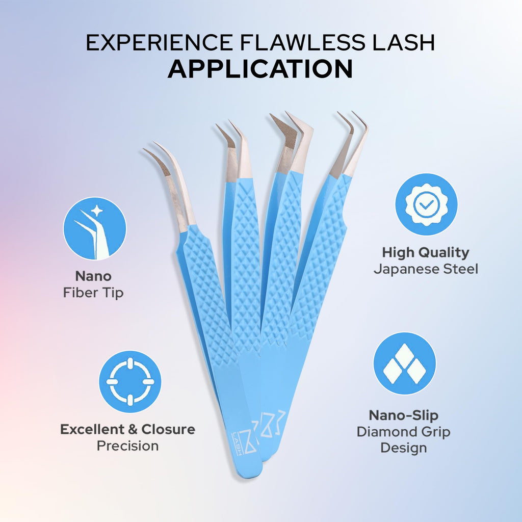 M LASH Tweezers for Eyelash Extensions (Set of 4) | Fiber Tip, Japanese Steel, Diamond Grip