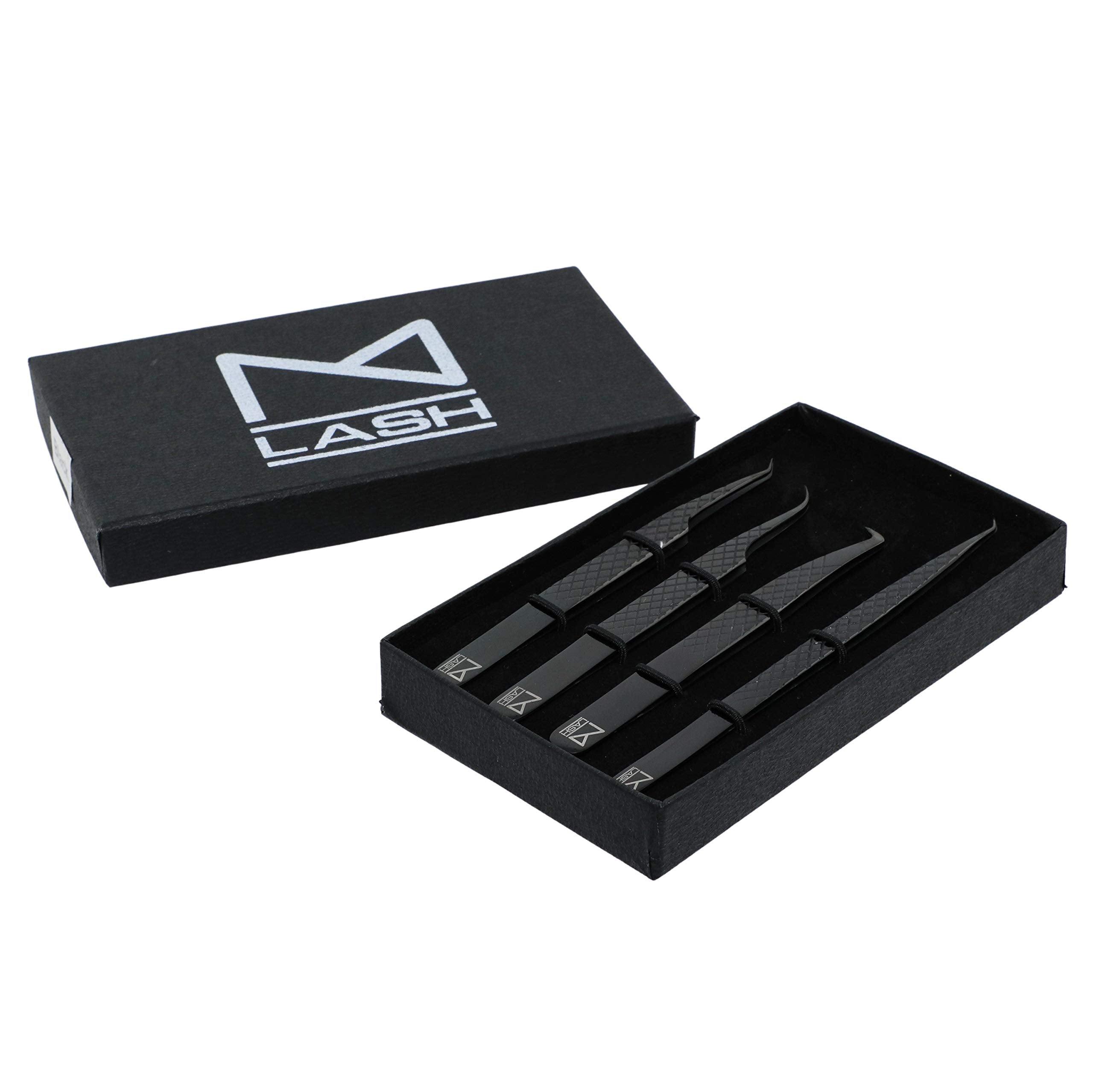 M LASH Tweezers for Eyelash Extensions – 4-Piece Set with Fiber Tip, Japanese Steel, Diamond Grip