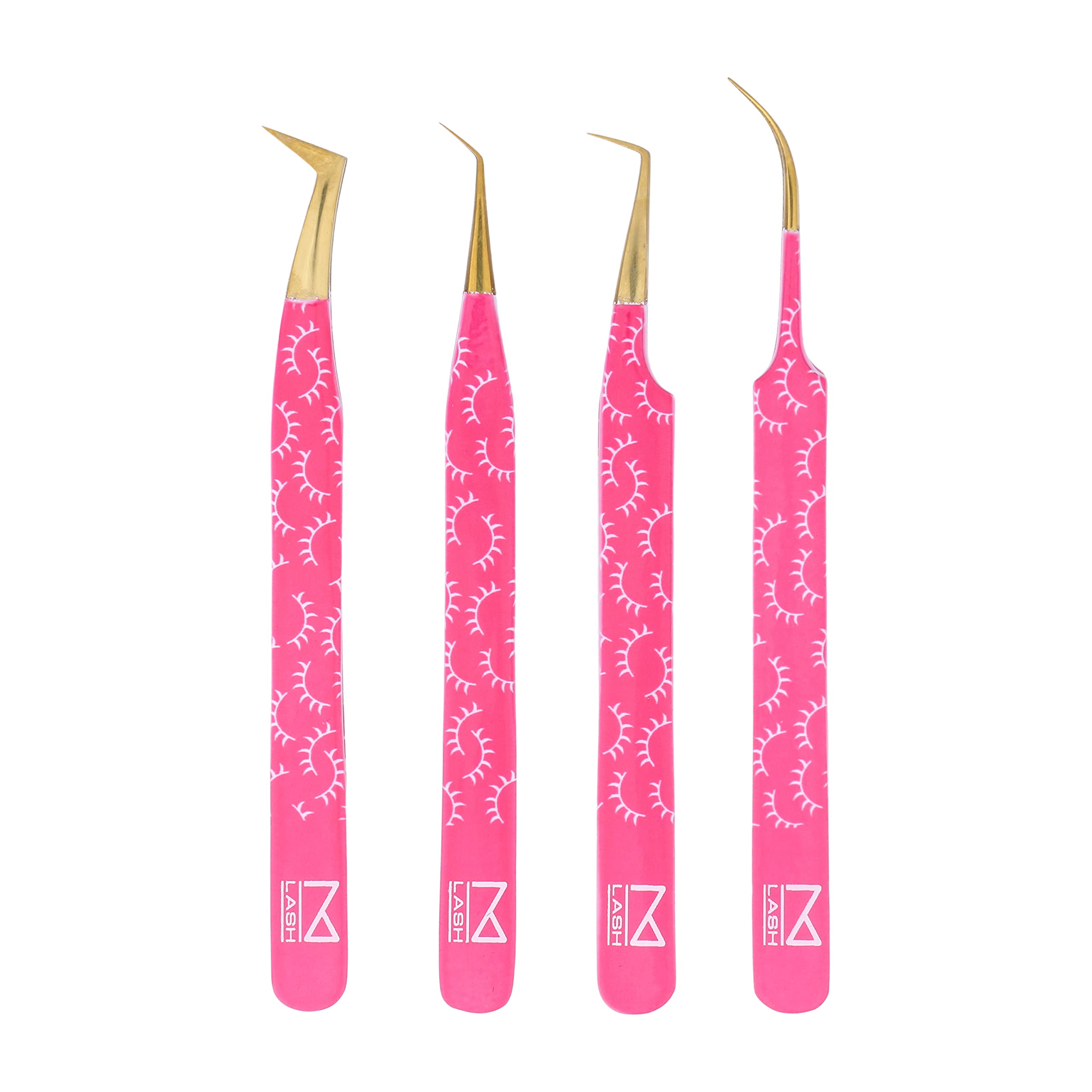 M LASH Tweezers for Eyelash Extensions (Set of 4) – Japanese Steel, Fiber Tip, Diamond Grip