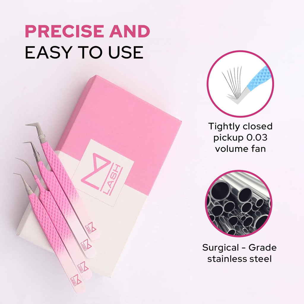 M LASH Tweezers for Eyelash Extensions (Set of 4) | Fiber Tip, Japanese Steel, Diamond Grip