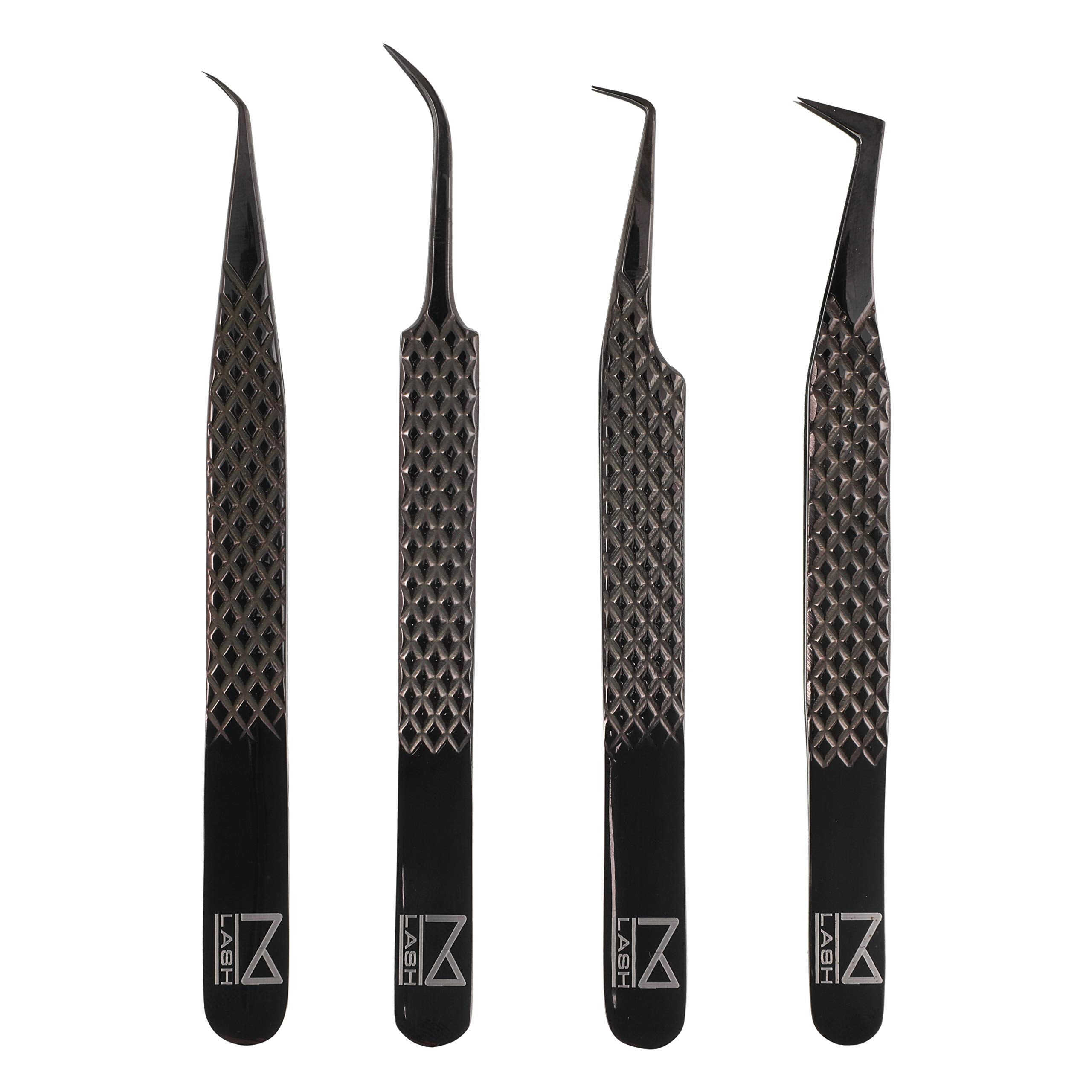 M LASH Tweezers Set of 4 – Fiber Tip, Japanese Steel, Diamond Grip (Black)