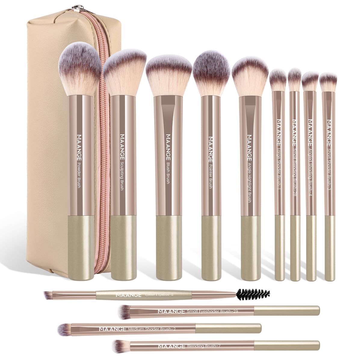 MAANGE 13-Piece Makeup Brush Set in Champagne Case – Premium Synthetic Brushes