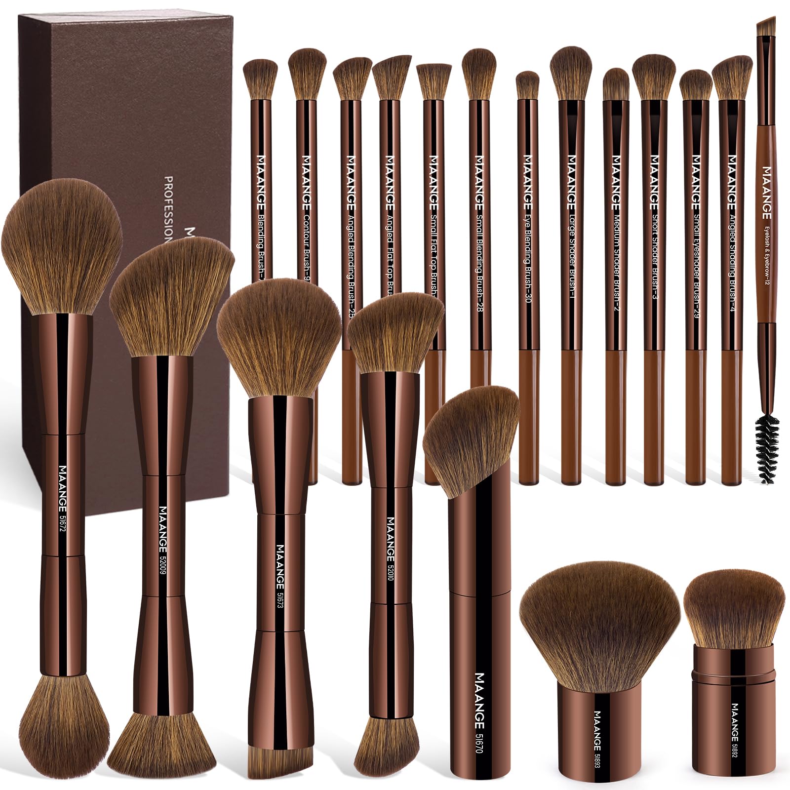 MAANGE 20-Piece Makeup Brush Set with Gift Box | Double-End Kabuki Brushes, Alu Handles, Soft Synthetic Bristles