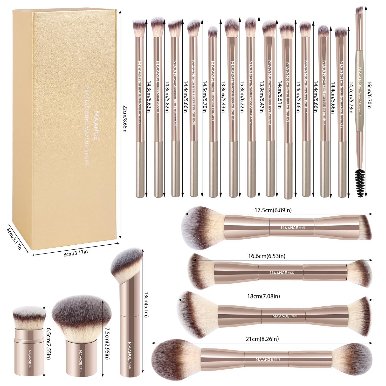 MAANGE 20-Piece Makeup Brush Set with Gift Box | Double-End Kabuki & Eye Brushes